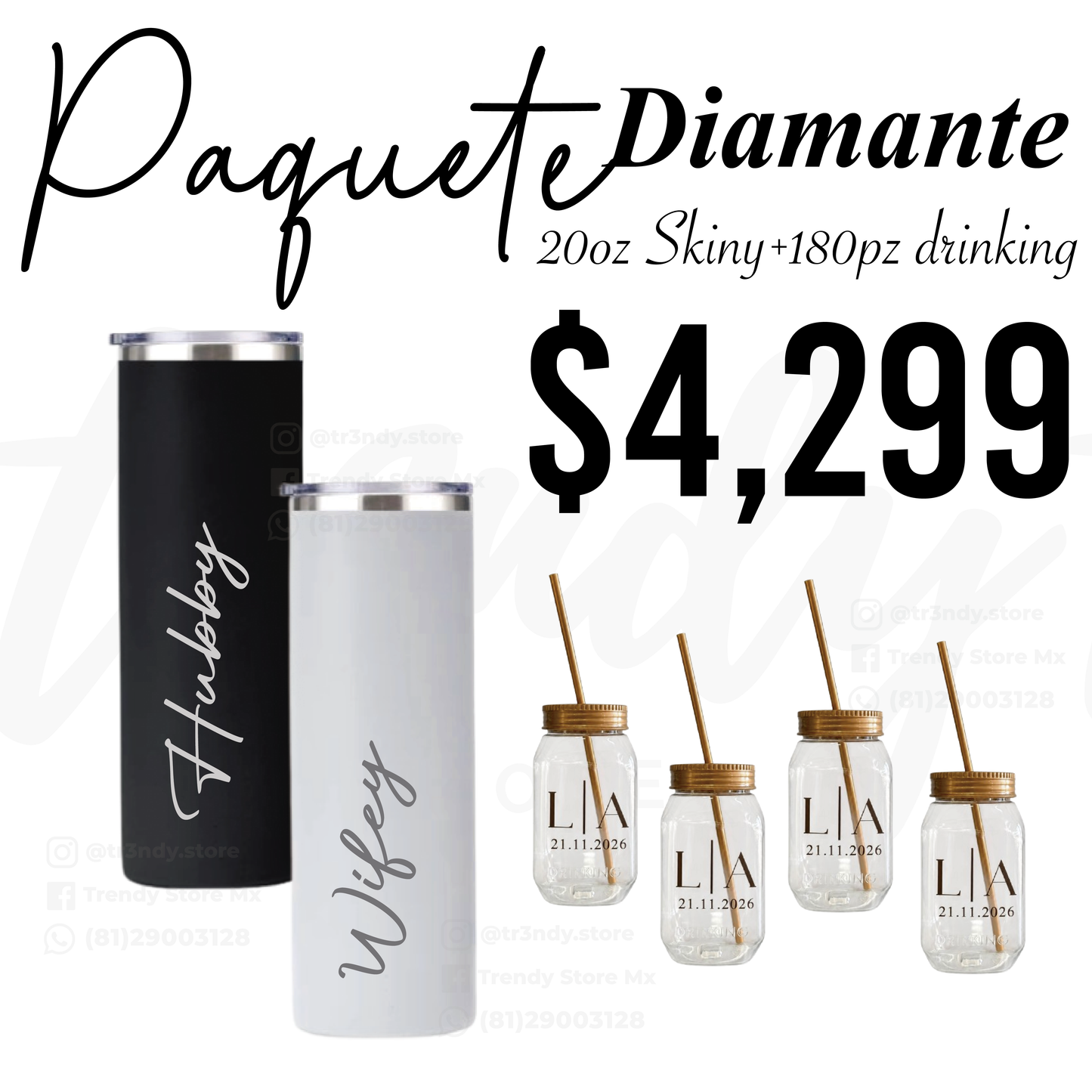 Paquete de Boda 180 Invitados | Vasos drinking 600ml con Popote + Termos de Novios Skinny 20oz Acero