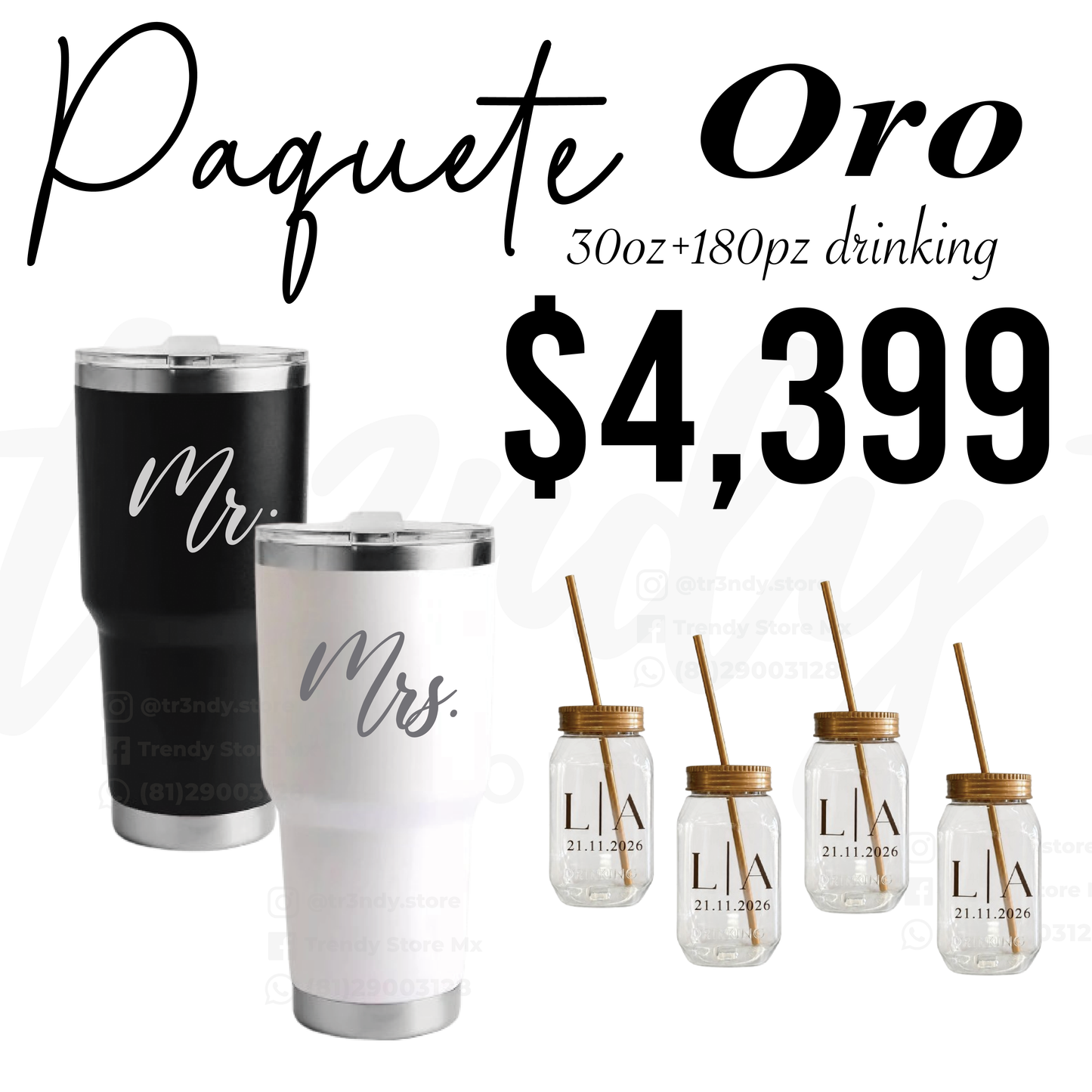 Paquete de Boda 180 Invitados | Vasos drinking 600ml con Popote + Termos de Novios 30oz Acero