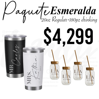 Paquete de Boda 180 Invitados | Vasos drinking 600ml con Popote + Termos de Novios 20oz Acero