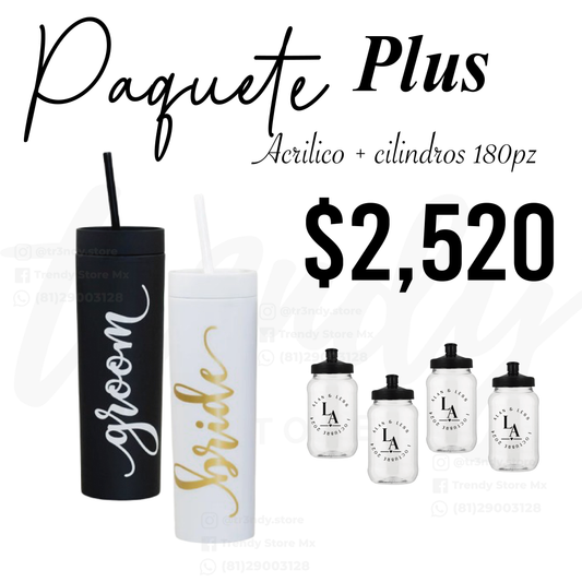 Paquete de boda skinny acrilico 180 invitados + vasos de novios 20oz acrilico