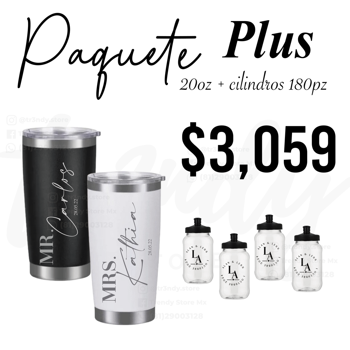 Paquete de boda  180 invitados + vasos de novios 20oz acero con grabado láser