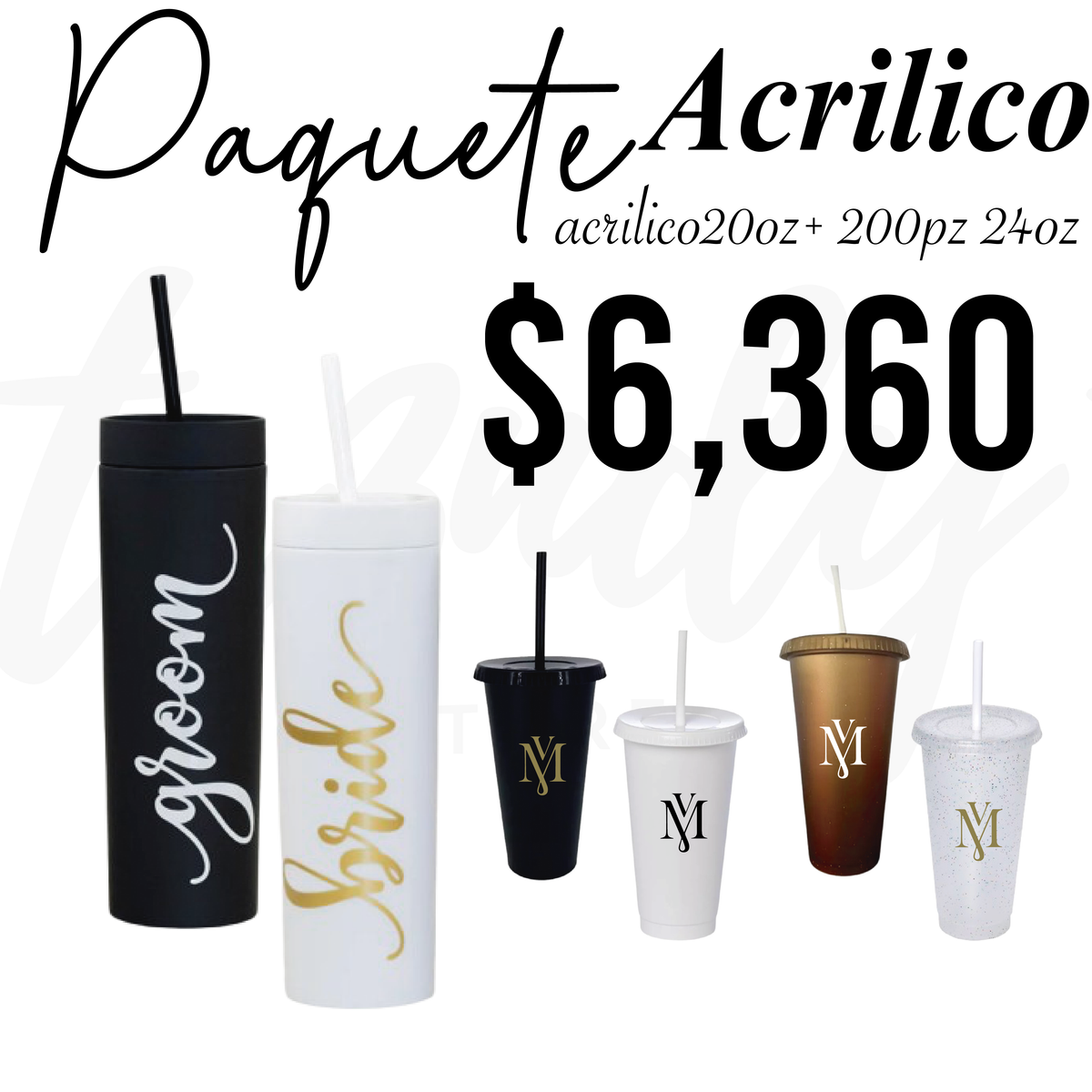 Paquete de Boda 200 Invitados | Vasos 24oz con Popote + Termos de Novios 20oz Skinny Acrilico