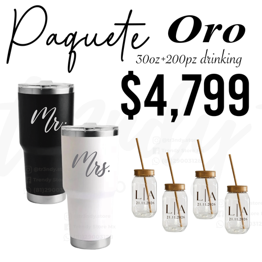 Paquete de Boda 200 Invitados | Vasos drinking 600ml con Popote + Termos de Novios 30oz Acero
