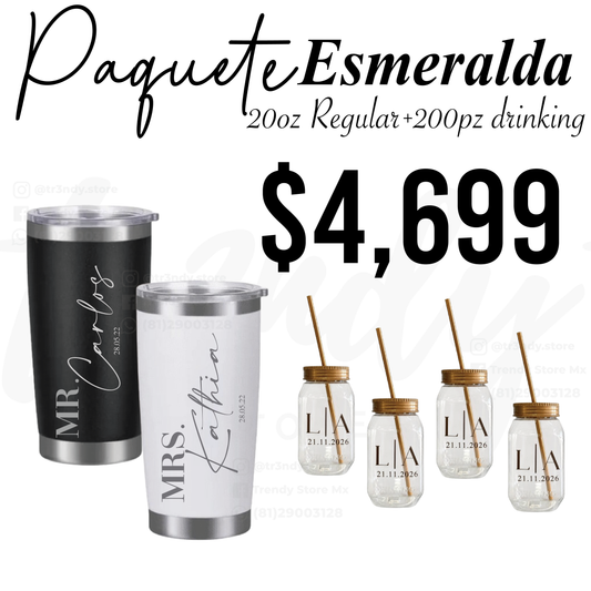 Paquete de Boda 200 Invitados | Vasos drinking 600ml con Popote + Termos de Novios 20oz Acero