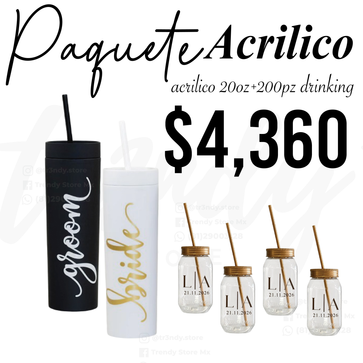 Paquete de Boda 200 Invitados | Vasos drinking 600ml con Popote + Vaso de Novios Skinny 20oz Acrilico