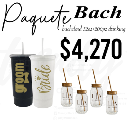 Paquete de Boda 200 Invitados | Vasos drinking 600ml con Popote + Vaso de Novios Bachelord 32oz
