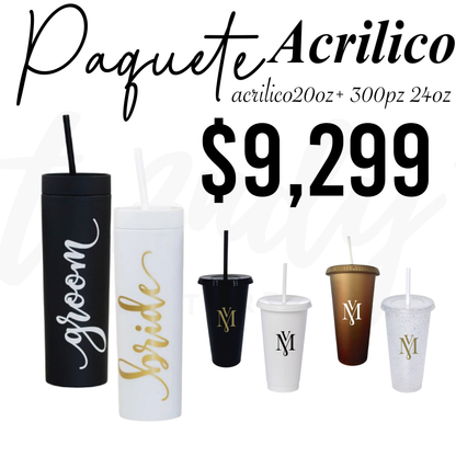 Paquete de Boda 300 Invitados | Vasos 24oz con Popote + Termos de Novios 20oz Skinny Acrilico