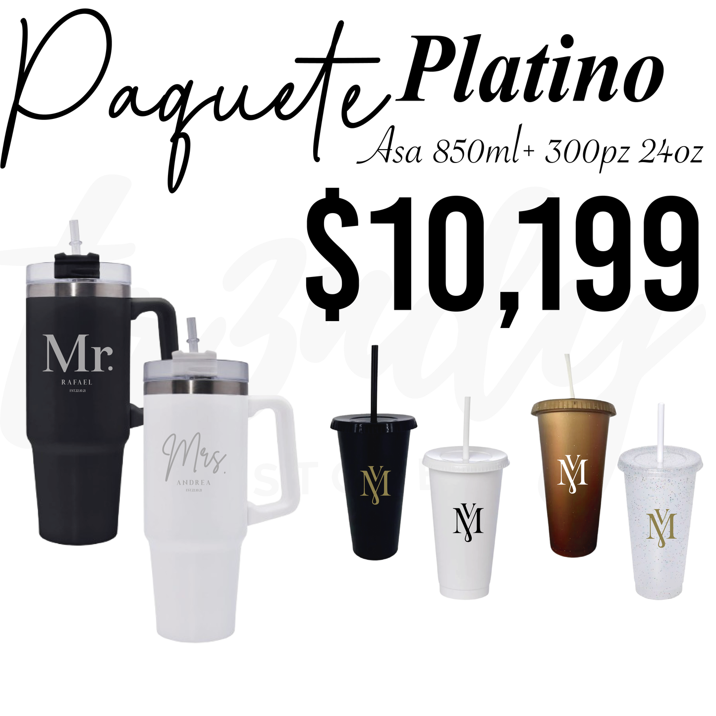 Paquete de Boda 300 Invitados | Vasos 24oz con Popote + Termos de Novios Asa 870ml