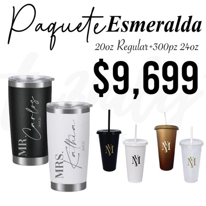 Paquete de Boda 300 Invitados | Vasos 24oz con Popote + Termos de Novios 20oz Skinny