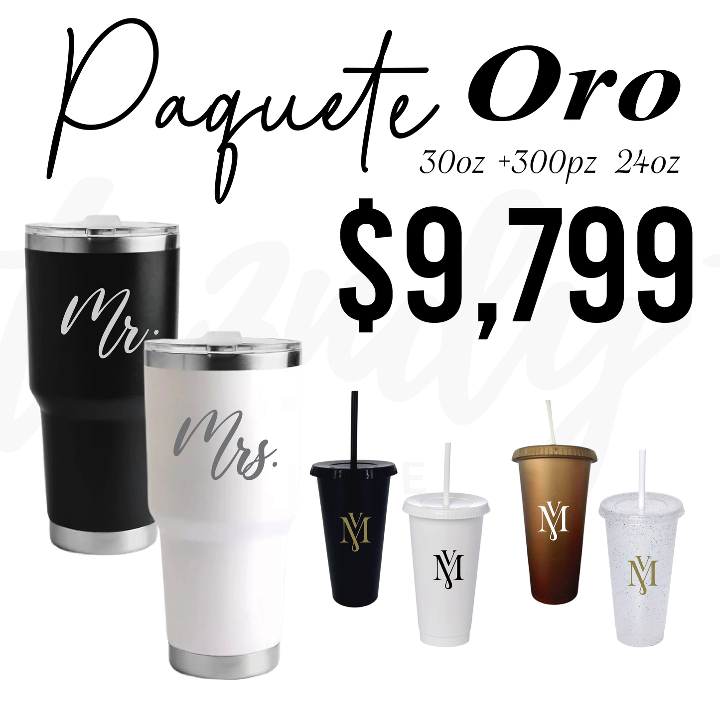 Paquete de Boda 300 Invitados | Vasos 24oz con Popote + Termos de Novios 30oz Acero