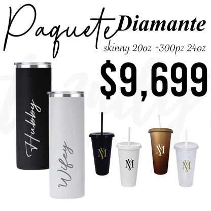 Paquete de Boda 300 Invitados | Vasos 24oz con Popote + Termos de Novios 20oz Skinny