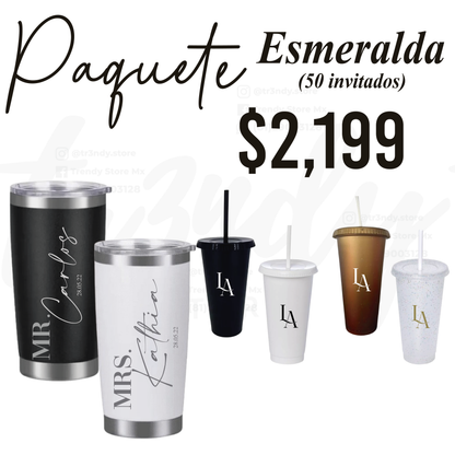 Paquete de Boda 50 Invitados | Vasos 24oz con Popote + Termos de Novios 20oz Regular