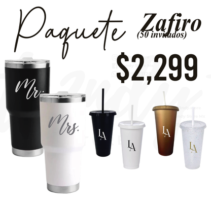 Paquete de Boda 50 Invitados | Vasos 24oz con Popote + Termos de Novios 30oz Acero