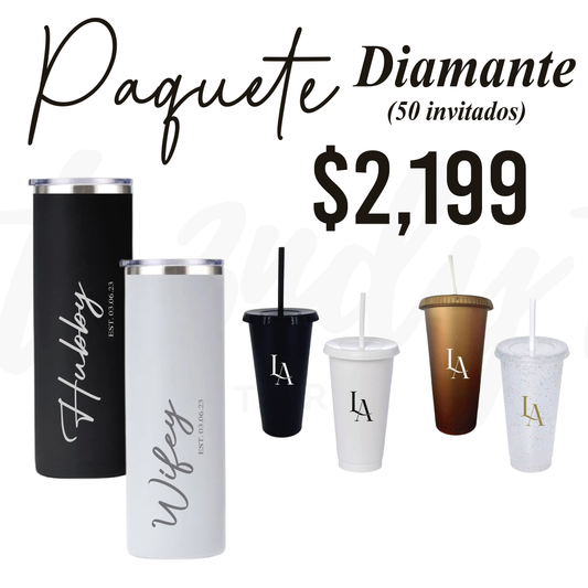 Paquete de Boda 50 Invitados | Vasos 24oz con Popote + Termos de Novios 20oz Skinny