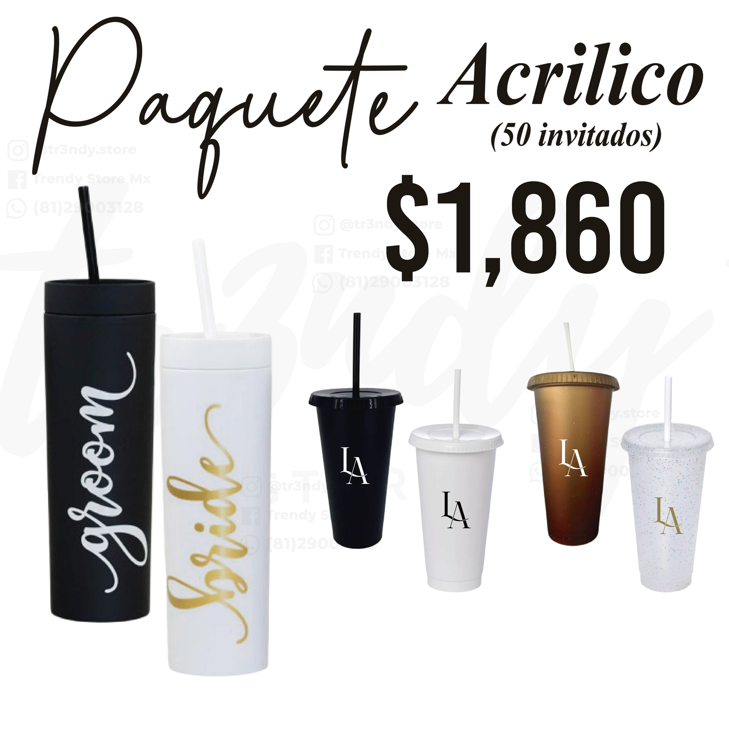 Paquete de Boda 50 Invitados | Vasos 24oz con Popote + Termos de Novios 20oz Skinny Acrilico
