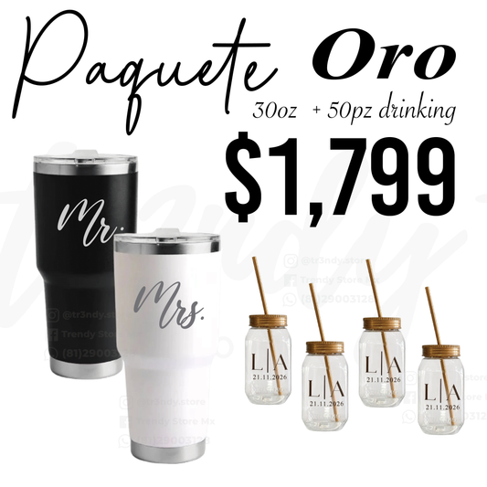 Paquete de Boda 50 Invitados | Vasos drinking 600ml con Popote + Termos de Novios 30oz Acero