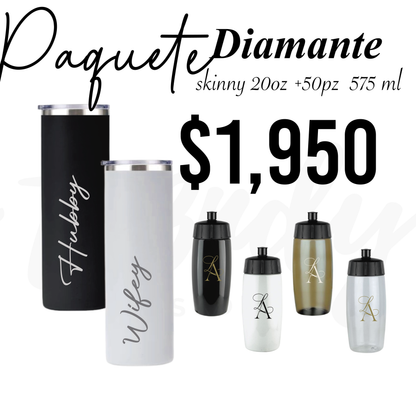 Paquete de Vasos para Boda 50 Invitados | Sinker 575ml + Vasos de Novios Acero Skinny 20oz
