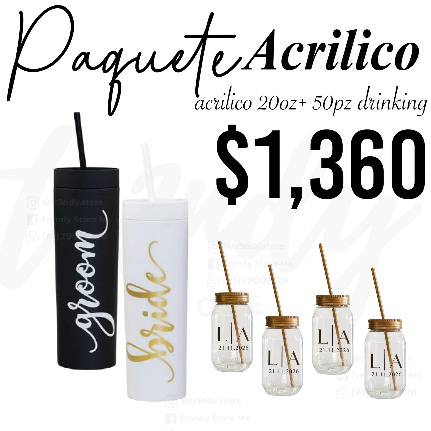 Paquete de Boda 50 Invitados | Vasos drinking 600ml con Popote + Vaso de Novios Skinny 20oz Acrilico