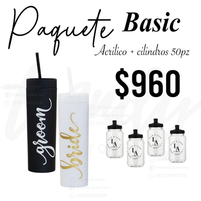 Paquete de boda skinny acrilico 50 invitados + vasos de novios 20oz acrilico