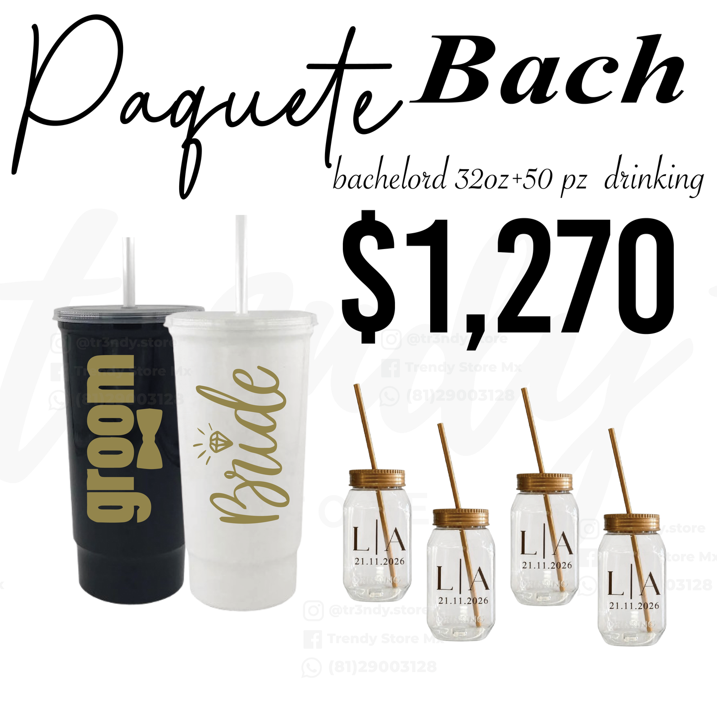 Paquete de Boda 50 Invitados | Vasos drinking 600ml con Popote + Vaso de Novios Bachelord 32oz