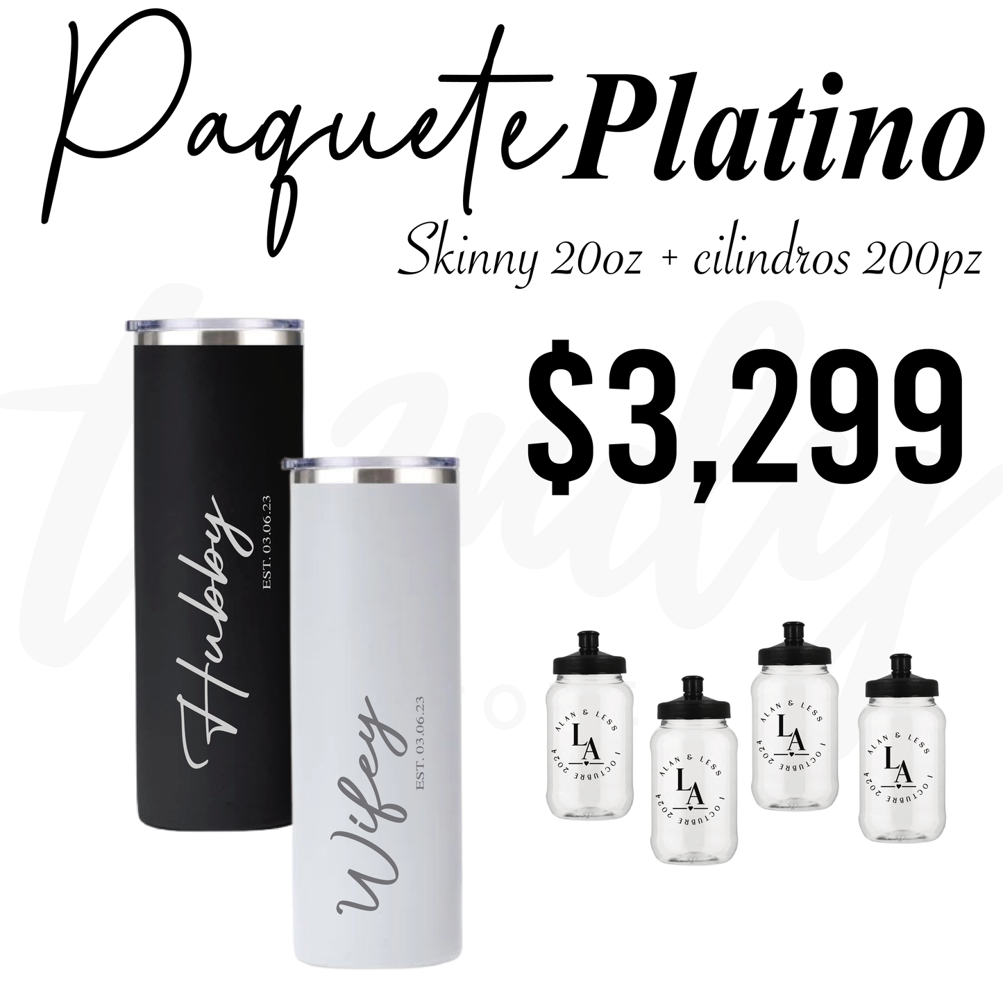 Paquete de boda 200 invitados + 2 termos de novios skinny 20oz acero