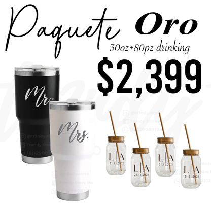 Paquete de Boda 80 Invitados | Vasos drinking 600ml con Popote + Termos de Novios 30oz Acero
