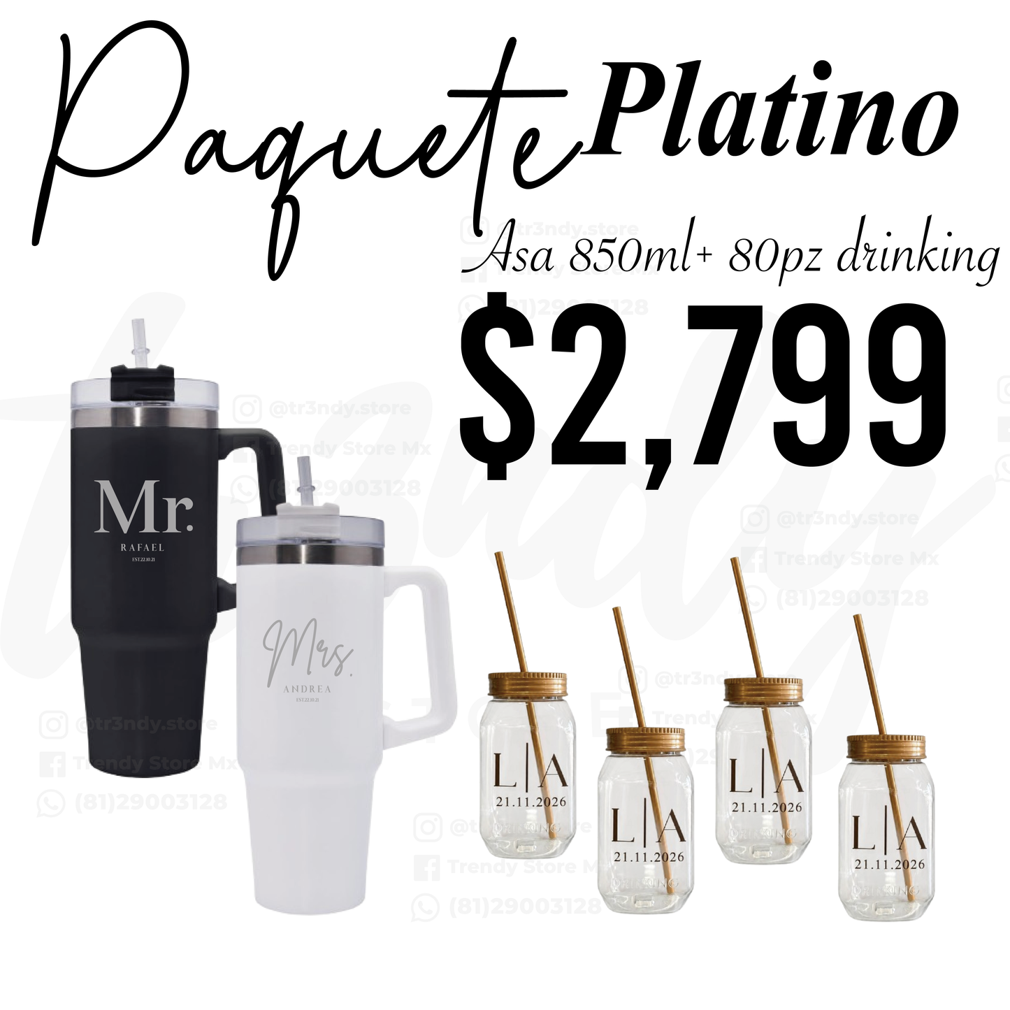 Paquete de Boda 80 Invitados | Vasos drinking 600ml con Popote + Termos de Novios Asa 870ml