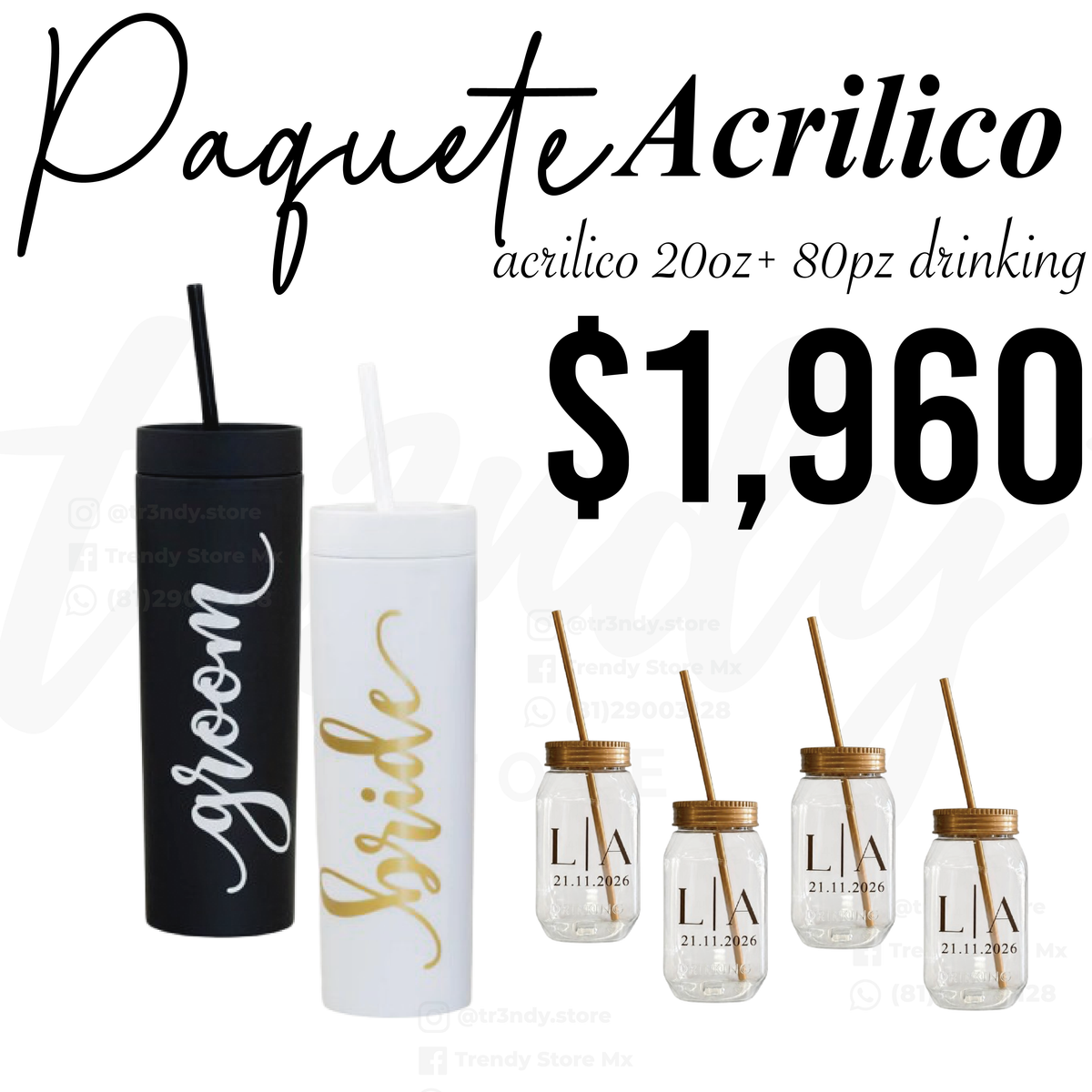 Paquete de Boda 80 Invitados | Vasos drinking 600ml con Popote + Vaso de Novios Skinny 20oz Acrilico