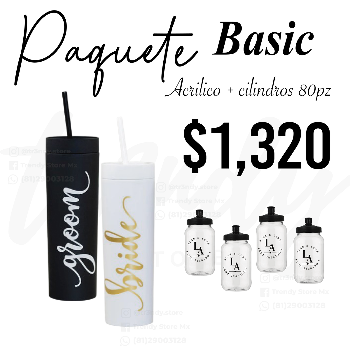 Paquete de boda skinny acrilico 80 invitados + vasos de novios 20oz acrilico