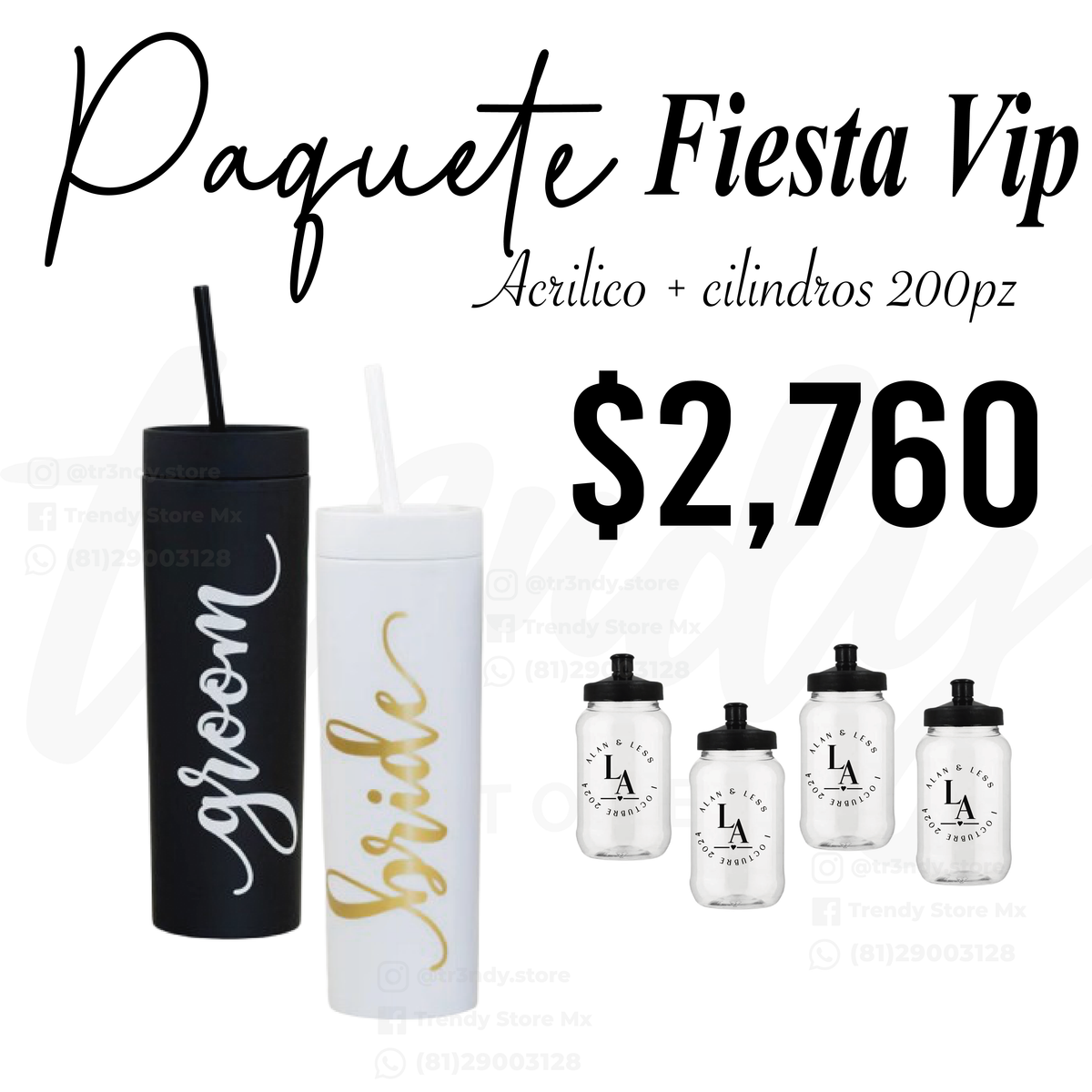Paquete de boda skinny acrilico 200 invitados + vasos de novios 20oz acrilico
