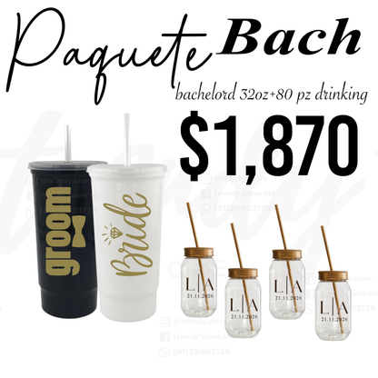 Paquete de Boda 80 Invitados | Vasos drinking 600ml con Popote + Vaso de Novios Bachelord 32oz