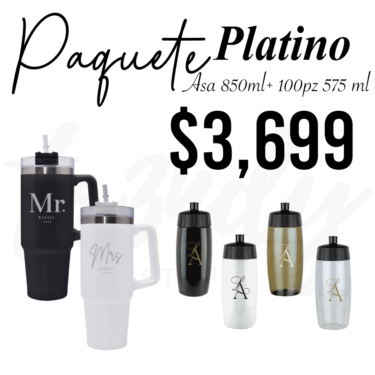 Paquete de Boda 100 Invitados | Sinker 575ml + Termos de Novios Asa 870ml