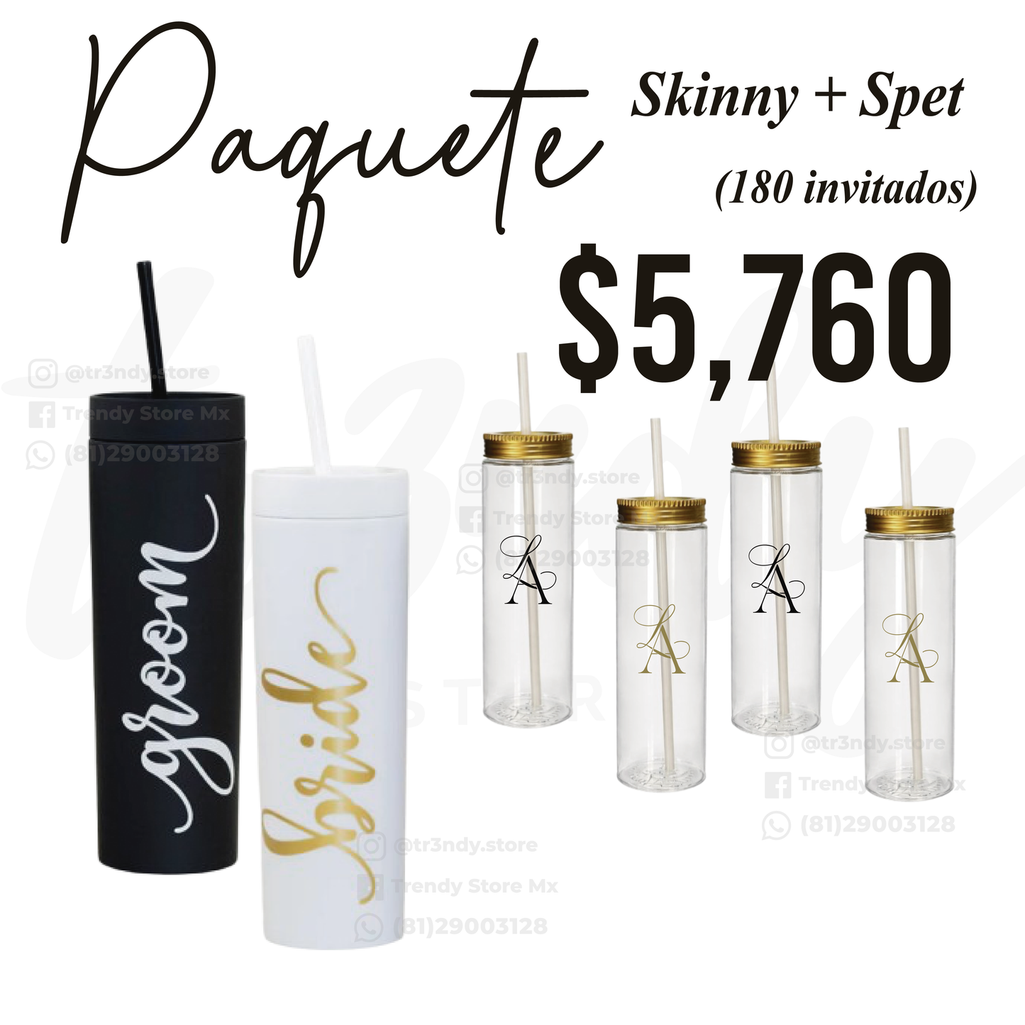 Paquete de boda 180 invitados | Skinny PET + vasos de novios Skinny 20oz acrilico