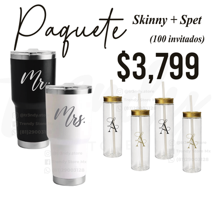 Paquete de Vasos para Boda 100 Invitados | Skinny PET 20oz + Vasos de Novios Acero 30oz