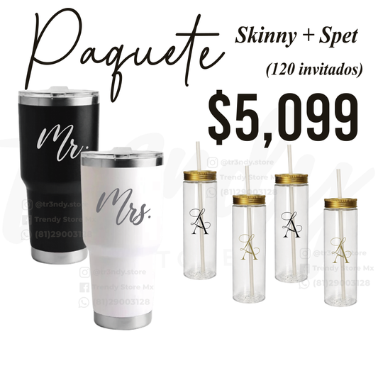Paquete de Vasos para Boda 120 Invitados | Skinny PET 20oz + Vasos de Novios Acero 30oz