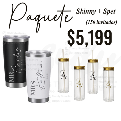 Paquete de Vasos para Boda 150 Invitados | Skinny PET 20oz + Vasos de Novios Acero 20oz Regular