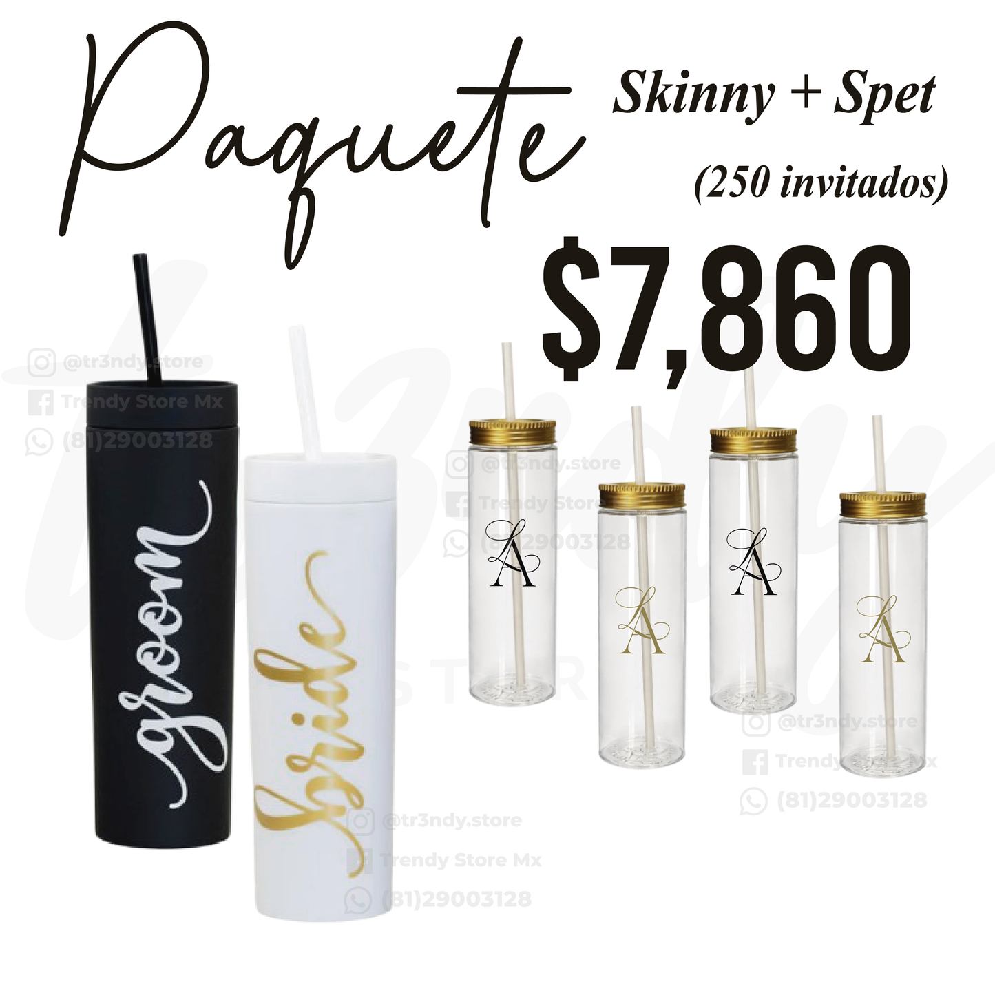 Paquete de boda 250 invitados | Skinny PET + vasos de novios Skinny 20oz acrilico