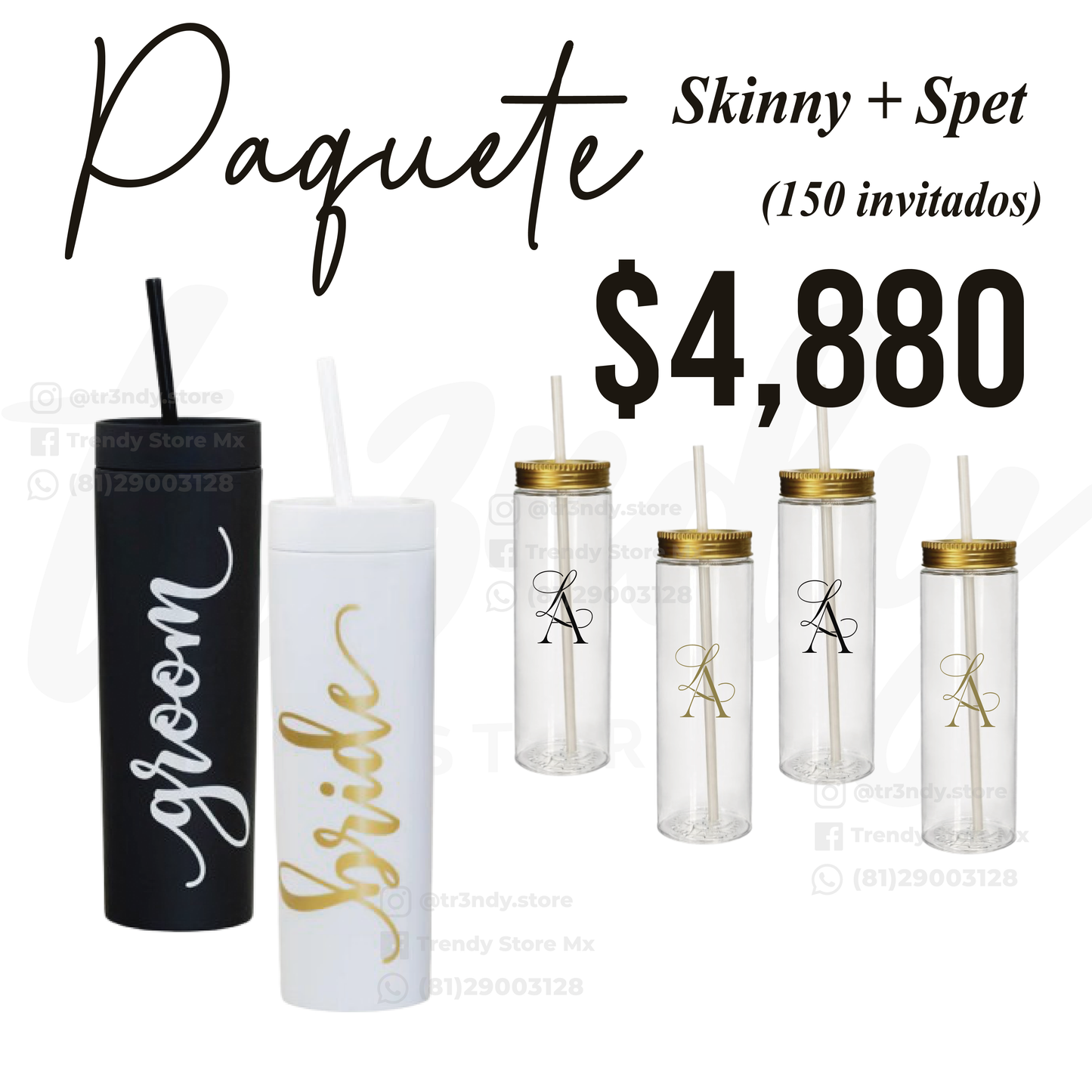 Paquete de boda 150 invitados | Skinny PET + vasos de novios Skinny 20oz acrilico