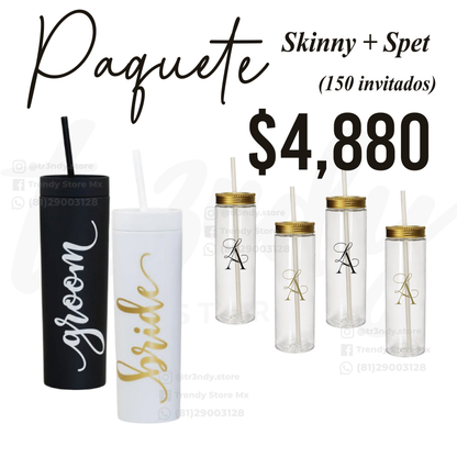 Paquete de boda 150 invitados | Skinny PET + vasos de novios Skinny 20oz acrilico