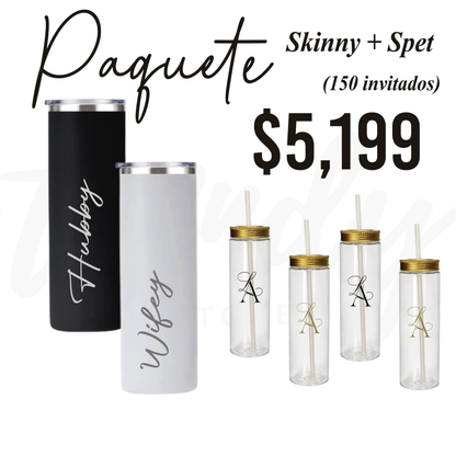 Paquete de Vasos para Boda 150 Invitados | Skinny PET 20oz + Vasos de Novios Acero 20oz Skinny