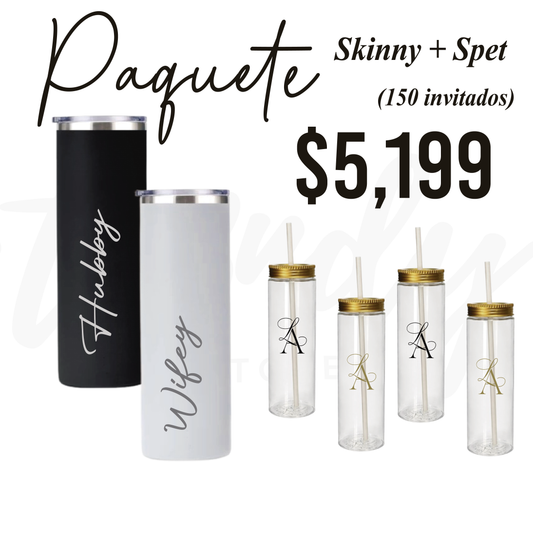 Paquete de Vasos para Boda 150 Invitados | Skinny PET 20oz + Vasos de Novios Acero 20oz Skinny