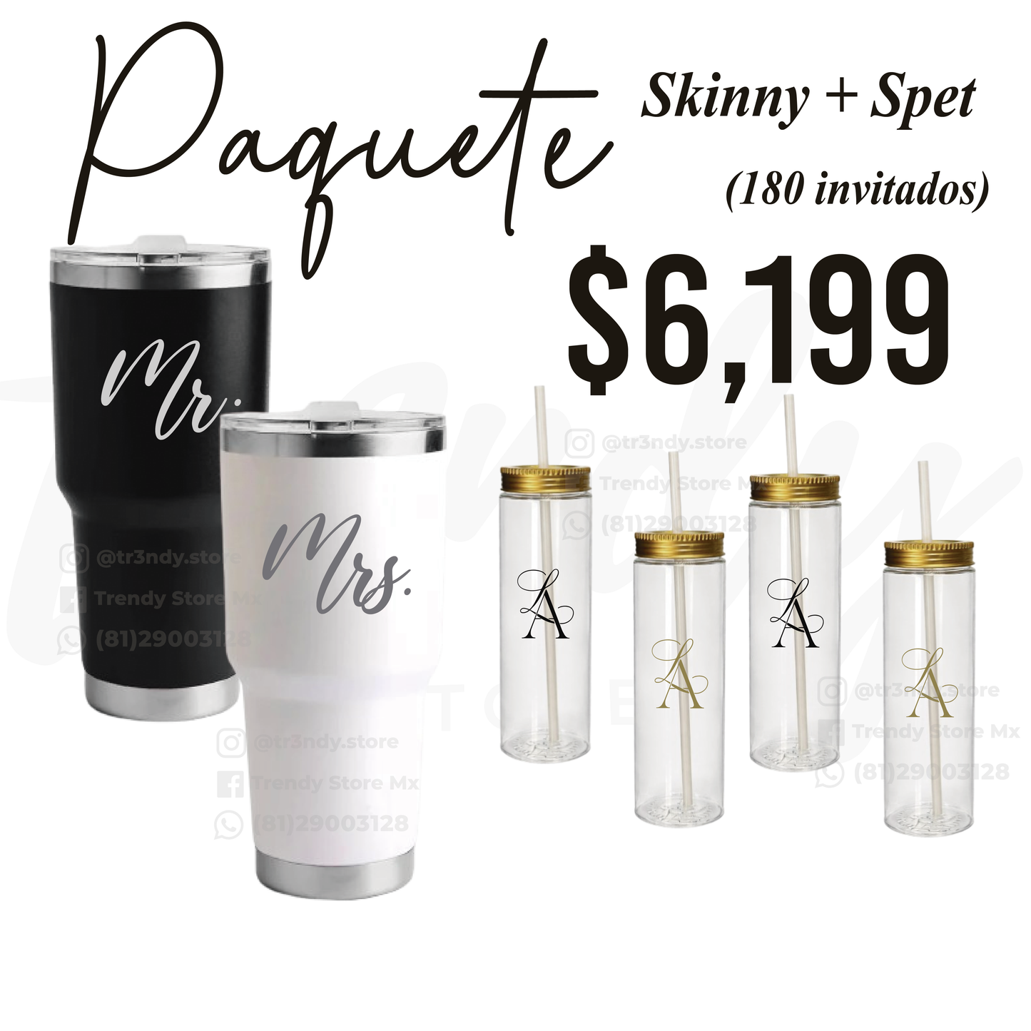 Paquete de Vasos para Boda 180 Invitados | Skinny PET 20oz + Vasos de Novios Acero 30oz