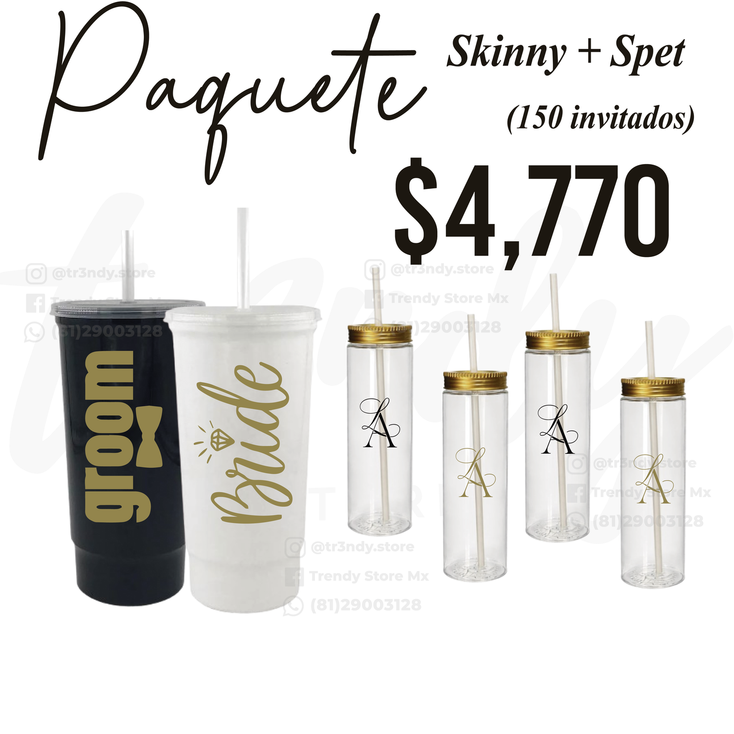 Paquete de boda 150 invitados + vasos de novios Bachelord