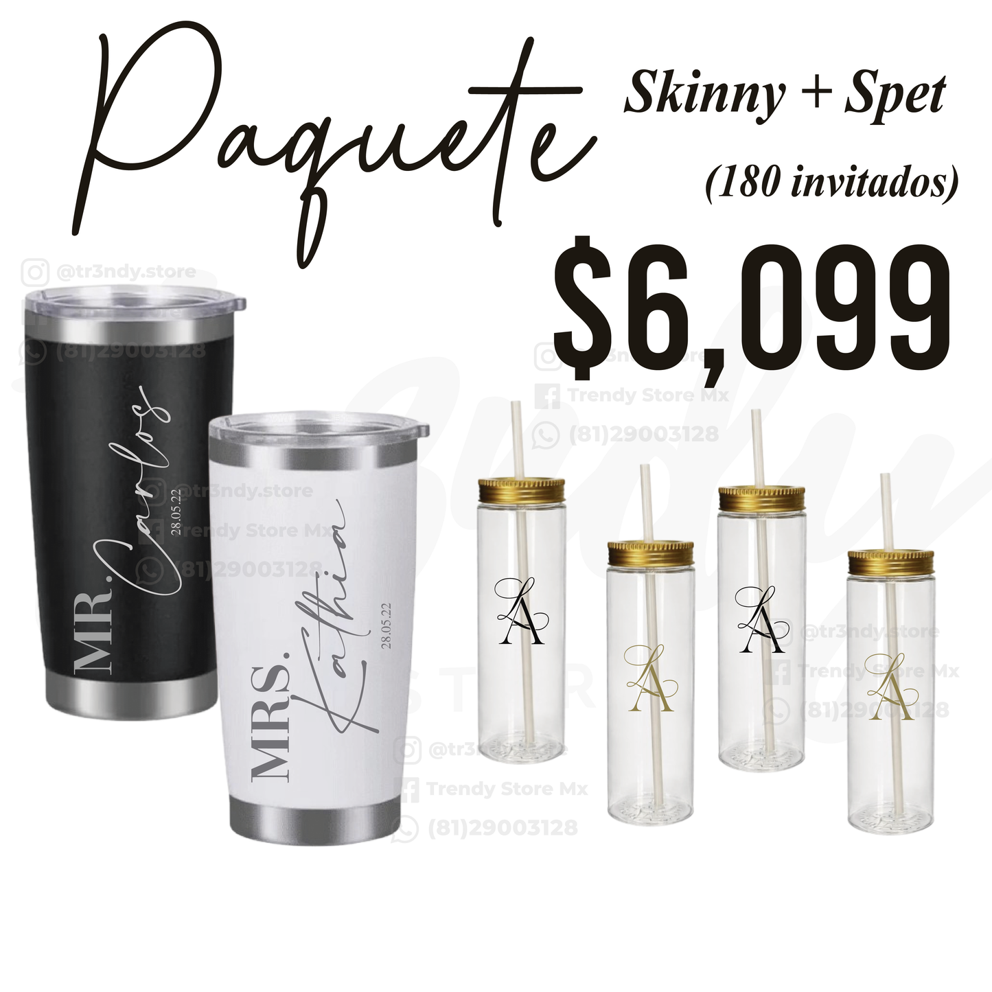 Paquete de Vasos para Boda 180 Invitados | Skinny PET 20oz + Vasos de Novios Acero 20oz Regular