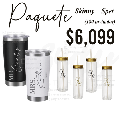 Paquete de Vasos para Boda 180 Invitados | Skinny PET 20oz + Vasos de Novios Acero 20oz Regular