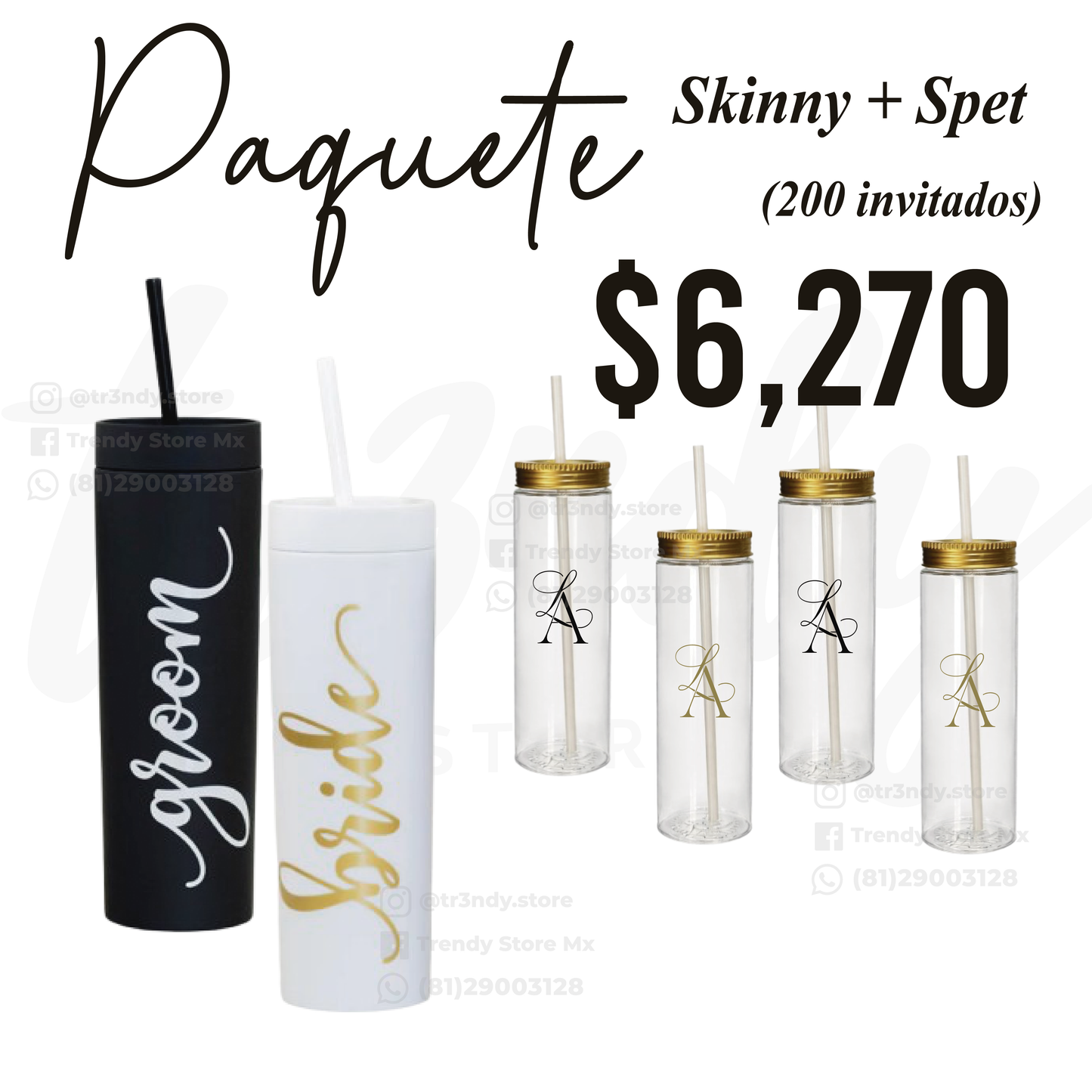 Paquete de boda 200 invitados | Skinny PET + vasos de novios Skinny 20oz acrilico