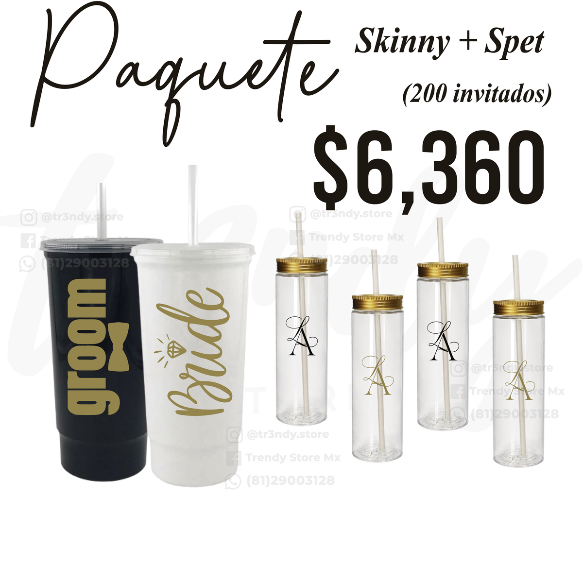 Paquete de boda 200 invitados + vasos de novios Bachelord