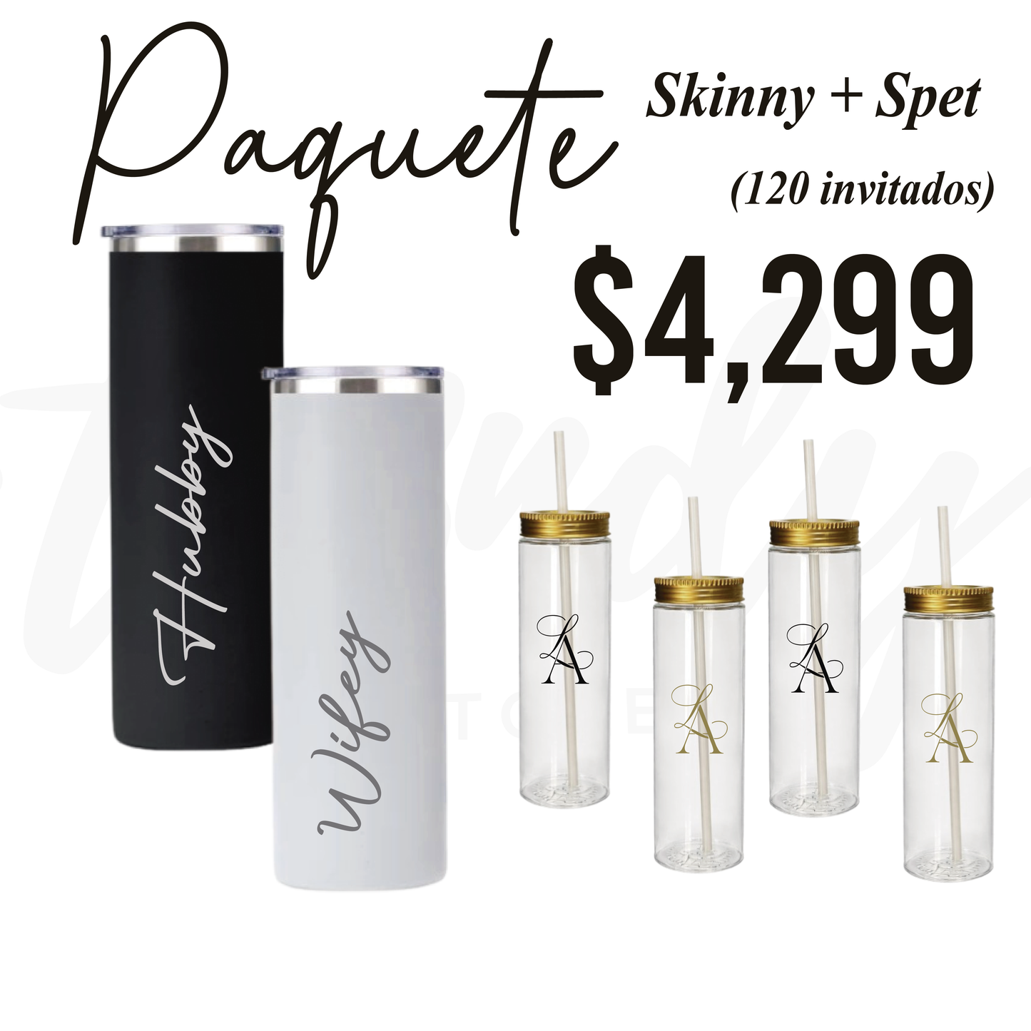 Paquete de Vasos para Boda 120 Invitados | Skinny PET 20oz + Vasos de Novios Acero 20oz Skinny