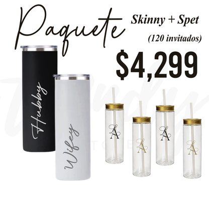 Paquete de Vasos para Boda 120 Invitados | Skinny PET 20oz + Vasos de Novios Acero 20oz Skinny