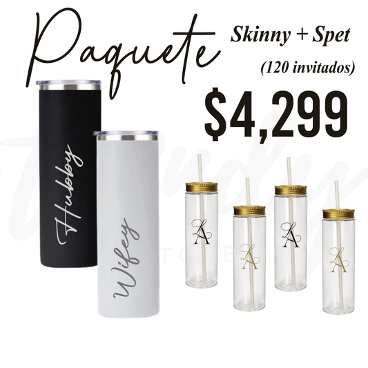 Paquete de Vasos para Boda 120 Invitados | Skinny PET 20oz + Vasos de Novios Acero 20oz Skinny